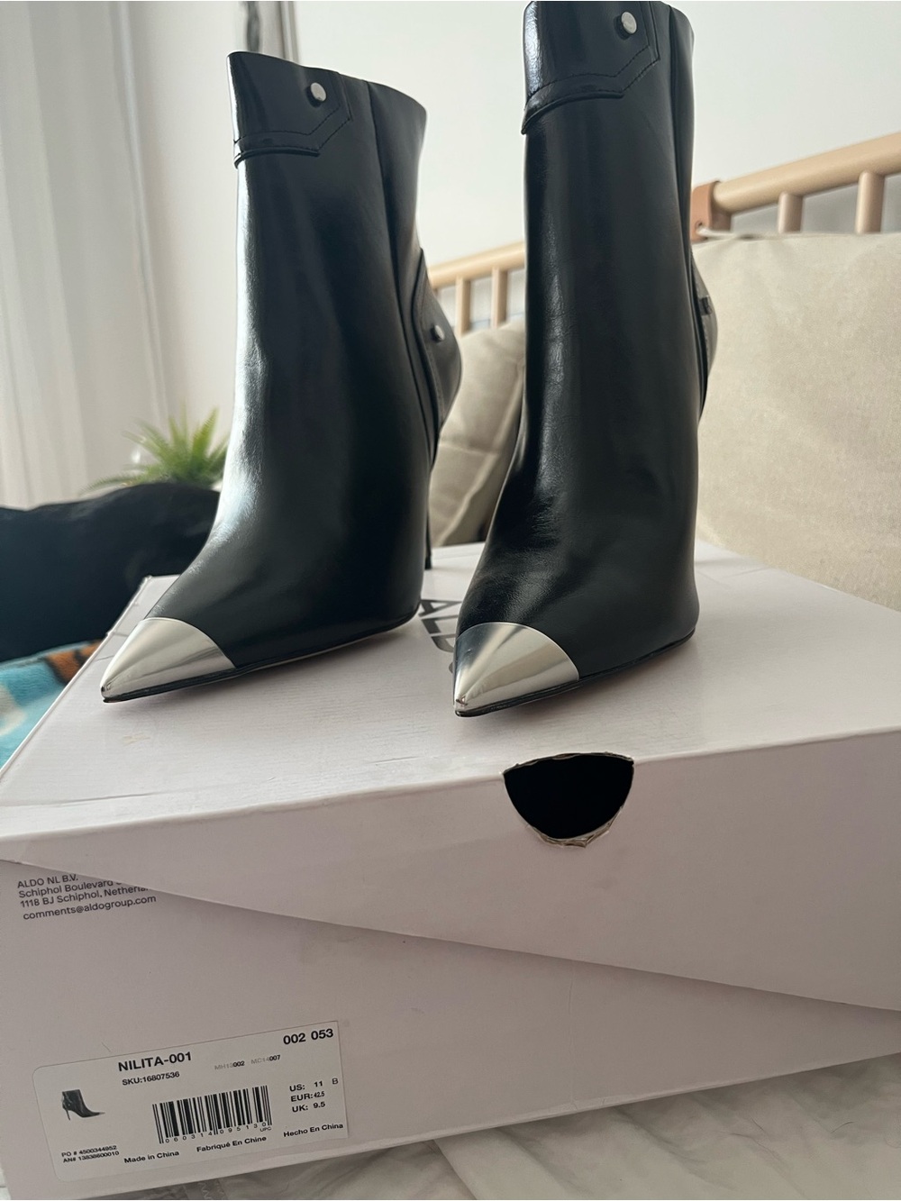Aldo Black Pointed Toe Western Booties with Silver Cap Toe